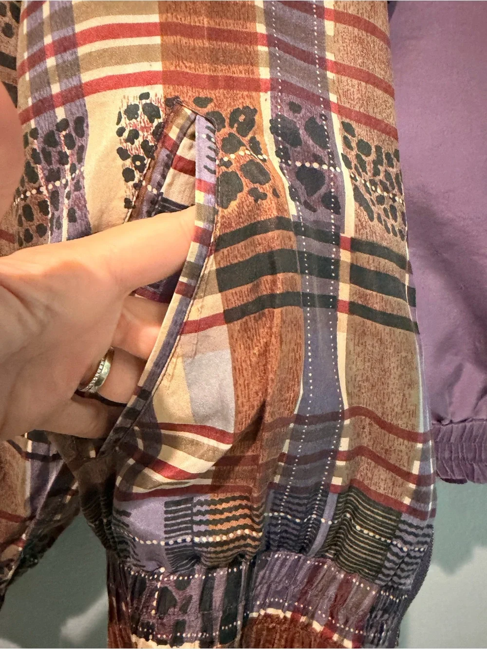 Vintage 100% Silk WindBreaker Set Plaid Leopard Bomber Jacket Plum Pants RARE! L